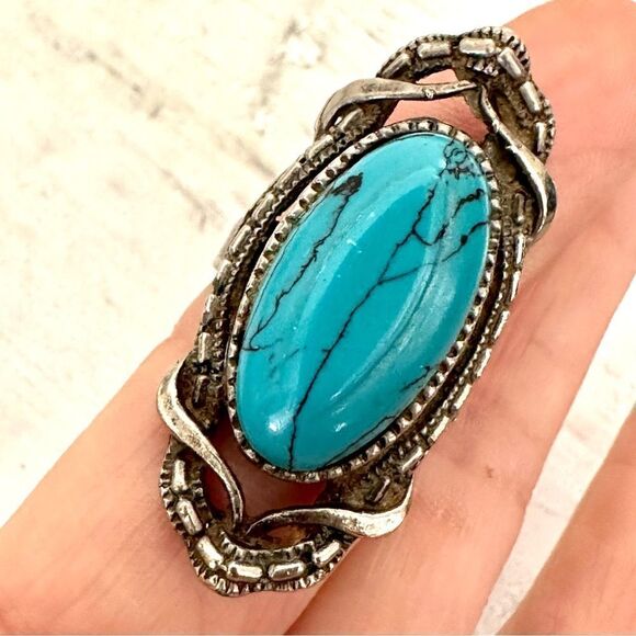Turquoise tone silver tone adjustable ring - Picture 4 of 11